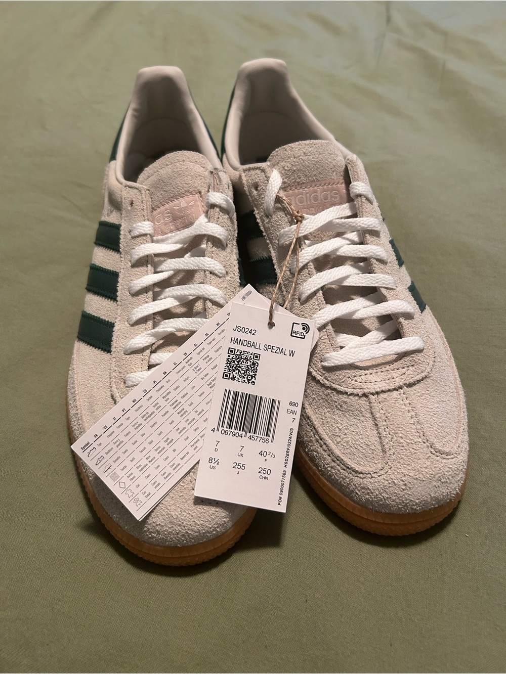 adidas Suede Sneakers in Off-White with Dark Green Stripes and Gum Sole - Picture 2 of 15